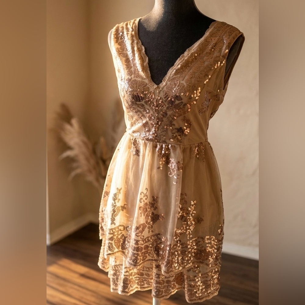 Altar'd State Champagne Sequin V-Neck Mini Dress